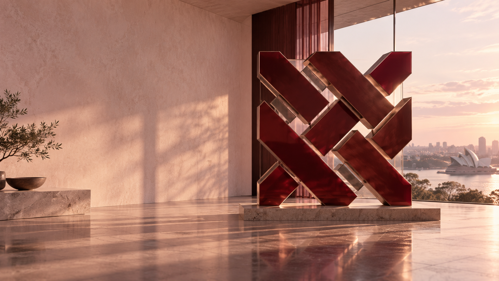 A monumental burgundy woven sculpture in a Sydney architectural interior