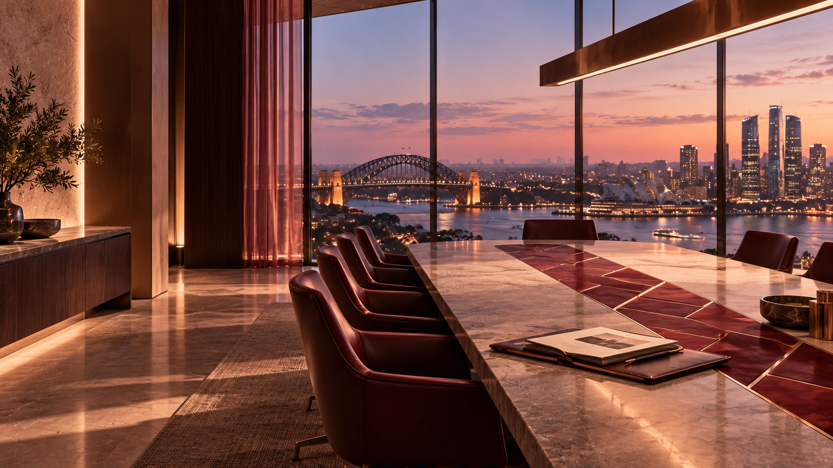 A burgundy-accented corporate boardroom overlooking Sydney Harbour at dusk